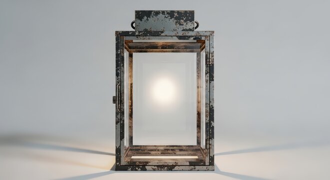 Industrial style rustic metal cage lantern with glass panels, unlit, casting subtle shadows on a light background.