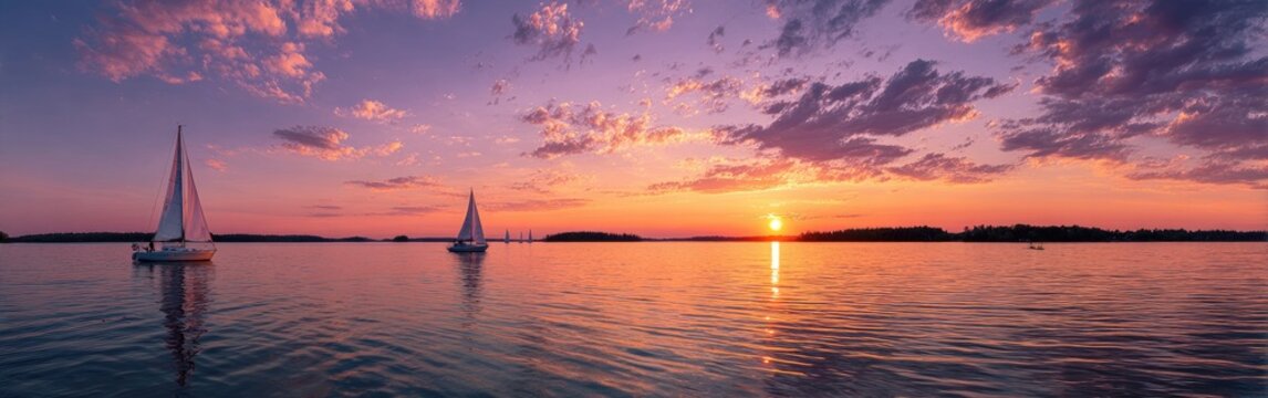 Sailboats on a tranquil lake at sunset with vibrant sky and reflections.
