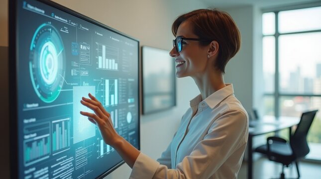 Smiling woman using a large touchscreen interface for business data visualization with artificial intelligence machine learning big data touchscreen interface business visualization computer