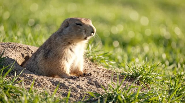 Close-up of a small wild mammal emerging from its burrow in a sunny grassy field, ideal for advertising, b roll, and documentation.