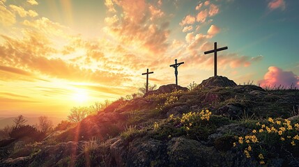 Obraz premium Three Wooden Crosses Standing on a Hilltop at Sunset Creating a Silhouetted Spiritual Landscape