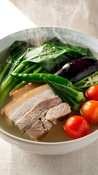 Traditional Filipino Sinigang na Baboy - Sour Tamarind Soup with Pork Belly and Fresh Vegetables Static Food Photography