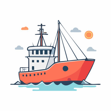 Illustration of a Red Fishing Boat Sailing on the Water