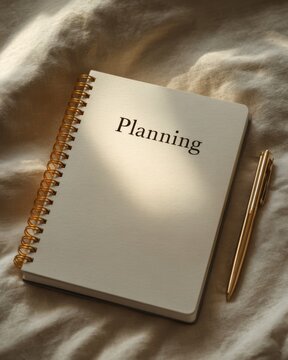 A clean desk layout with a single notebook and pen aligned neatly, with "Planning" text 