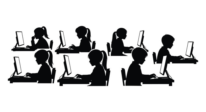 group of children using computers in a classroom black silhouette high quality professional detailed modern elegant stylish clean crisp