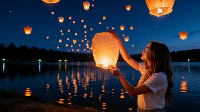Woman with paper lantern in hands. Floating lantern YeePeng Firework Festival or Yi Peng Lantern in Chiangmai, Chiang Mai festival and Loy Kratong Festival in Thailand,Asia 
