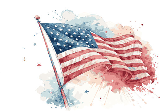 American flag waving with watercolor splashes and stars in a patriotic concept Vector Illustration