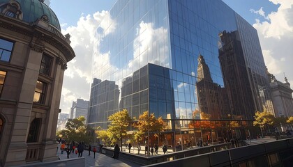 Obraz premium A modern glass building reflecting a cityscape, trees in fall colors, and pedestrians. A classical building is on the left