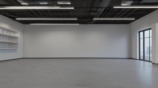 Spacious and bright empty commercial retail or office space with large windows and modern ceiling lights