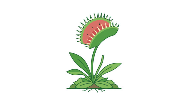 Illustration of a Venus Flytrap plant with its characteristic jaw-like leaves ready to catch prey on a plain white background