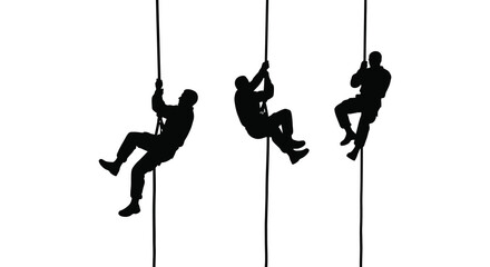 Three people climbing ropes in a row black silhouette against a white background silhouette high quality professional detailed modern © Jahid