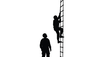 Two construction workers climbing a ladder one ascending and one observing black silhouette high quality professional detailed modern elegant © Jahid