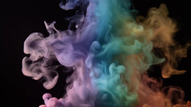 Vibrant plumes of multi-colored smoke rise gracefully against a dark backdrop, creating an abstract and mesmerizing visual display of dynamic flowing colors