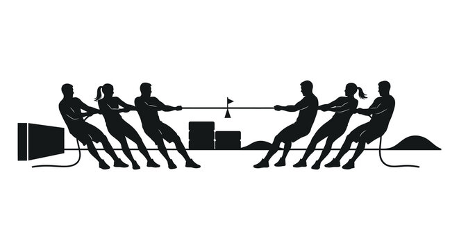 Team of people playing tug of war against each other black silhouette high quality professional detailed modern elegant stylish
