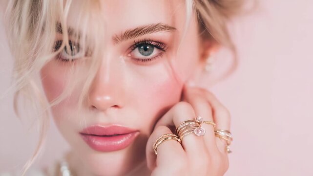Close-up of a model with striking features, wearing multiple gold rings and earrings. Soft light highlights her makeup and accessories, creating a captivating effect.