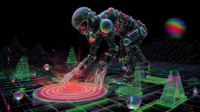 Digital entity manipulates glowing energy on a neon grid