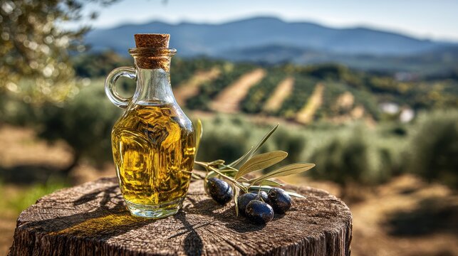 Golden oil in glass bottle with olives on rustic wood, lush hillsides