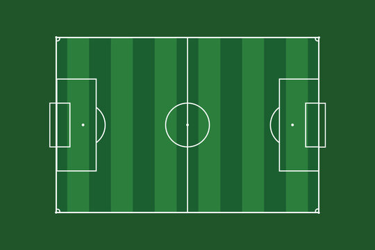 Top view soccer field vector illustration with striped green grass pattern and white markings