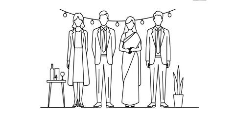Obraz premium Group of four elegant professional people standing together in a formal office party setting with hanging lights and drinks Vector, illustration