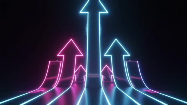 Conceptual representation of successful business strategies, market growth, and technological innovation with illuminated arrows pointing skyward