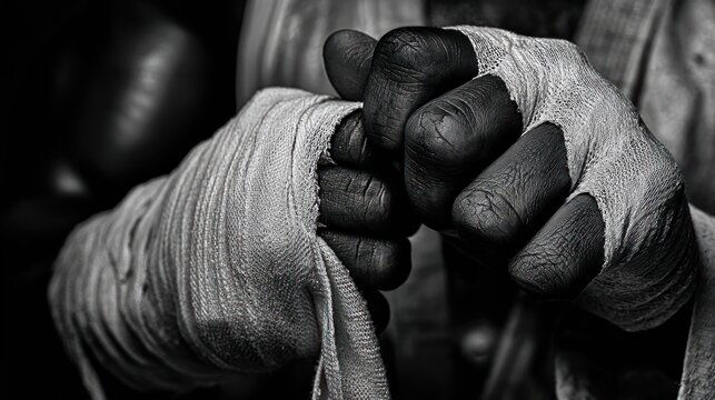 Boxers hands wrapped in white bandages close up black and white