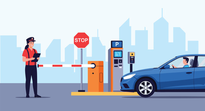 Security guard standing at a parking lot entrance with an orange barrier gate, a payment machine, and a car against a modern city skyline.