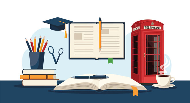 Education and learning concept with books, a graduation cap, pencils, a London telephone booth, and a cup of coffee on a blue workspace desk.