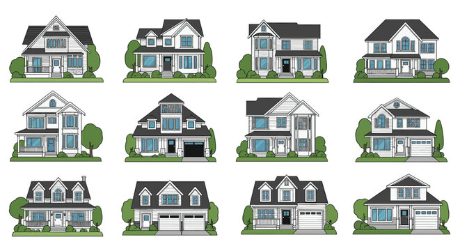 Set of twelve different two story residential houses with various architectural styles, gardens, and garages shown in a simple flat design.
