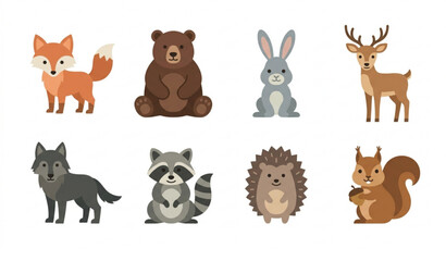 Obraz premium Minimal flat wild forest animal vector set with woodland inhabitants fox bear rabbit deer isolated on white