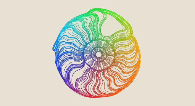 Abstract Rainbow Spiral Nautilus Shell Pattern, Fibonacci Sequence, Organic Growth, Geometric Art