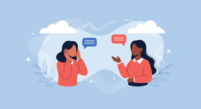 Two women engaging in a difficult conversation where one person is talking and the other is overwhelmed or covering ears.