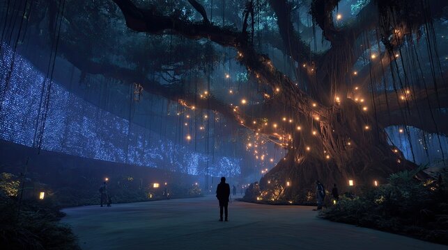 Enchanted ancient tree, illuminated with glowing lights, under night sky