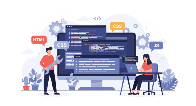 Team of web developers working on website code with html css and javascript tags and computer gear symbols.