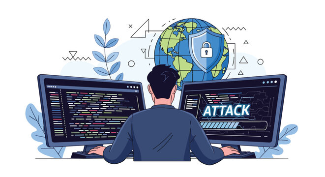 Cyber security concept with a professional hacker or programmer facing a computer screen during a digital attack.
