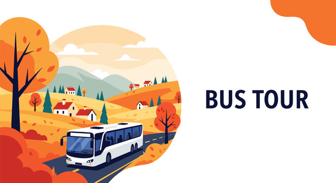 Scenic bus tour traveling through a picturesque autumn landscape with colorful hills, small houses, and orange seasonal trees.