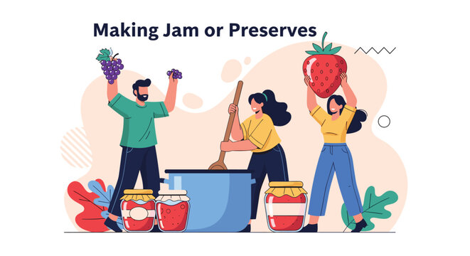 Enthusiastic group of people preparing homemade fruit jam in a large pot with fresh grapes and a giant ripe strawberry.