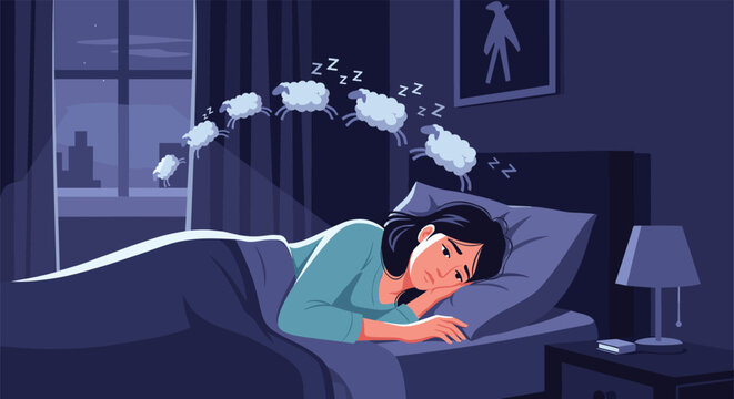 Tired woman struggling with insomnia while trying to sleep in her dark bedroom by counting fluffy sheep jumping through the air.