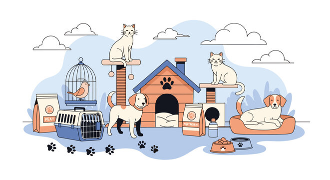 Pet shop scene featuring various animals like dogs and cats, a bird in a cage, and essential pet care supplies.