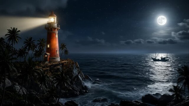 A lighthouse standing on the edge of the sea at night, illuminating the dark ocean with its bright light. Waves crash against the shore under a night sky, creating a calm yet dramatic coastal atmosphe