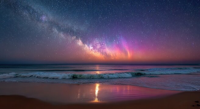 Colorful aurora-lit Milky Way arches over a tranquil ocean shoreline