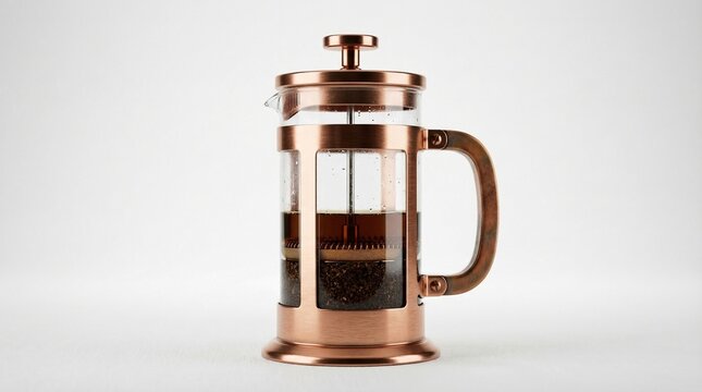 Copper french press with coffee inside, isolated on white background.