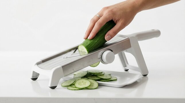 Kitchen mandoline slicer cutting fresh green cucumber on white surface.