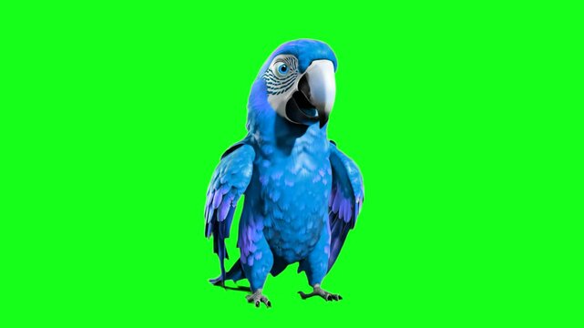 A detailed 3D digital animation of a vibrant blue hyacinth macaw parrot standing and looking around curiously. The green screen chroma key background allows for seamless compositing into tropical or e