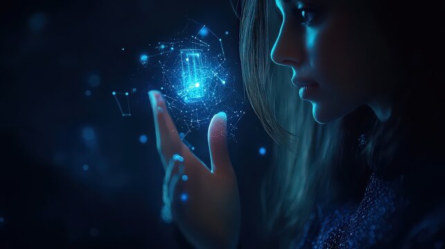 Woman interacting with holographic ai interface in dark ambient lighting