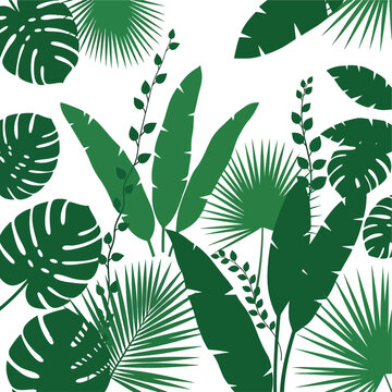 Dark Green Tropical Leaf Shapes Pattern.