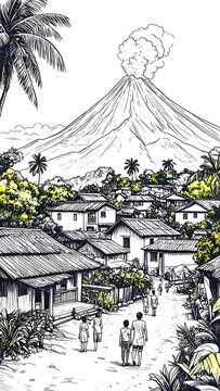 Black and white illustration of a village nestled at the foot of an erupting volcano with people walking on a street