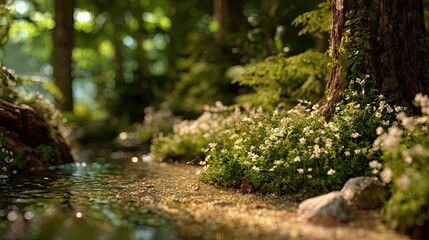 Fototapeta premium Serene forest stream bathed in dappled sunlight, small flowers bloom