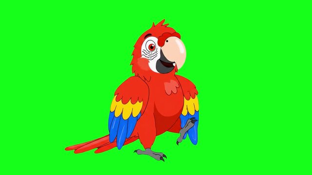 A cheerful 2D cartoon red parrot with blue and yellow wing accents performing a fun dance routine. The character features a winking expression and is optimized for lip sync. Isolated on a green screen