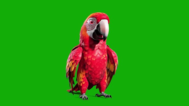 A high-quality 3D animation of a red macaw parrot performing energetic dance moves and flexing. This asset includes lip sync capabilities for synchronized dialogue and is isolated on a chroma key gree