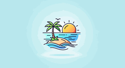Naklejka premium Tropical Island Paradise Sunset Icon: Palm Tree, Ocean Waves, Sun, Bird